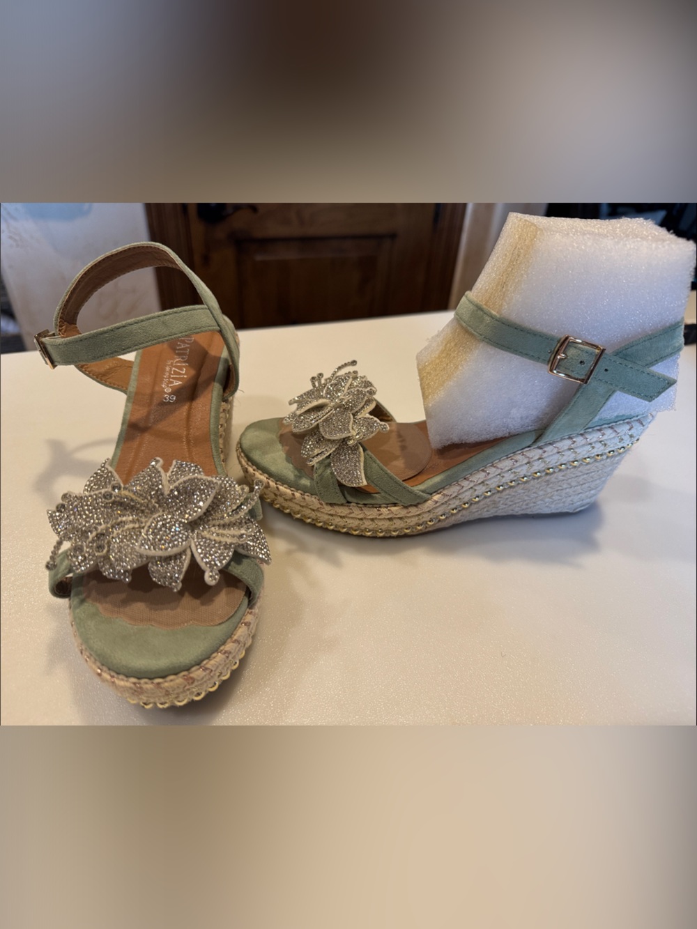 Embellished Mint Green Wedge Sandals - Women 8.5/ EU 39